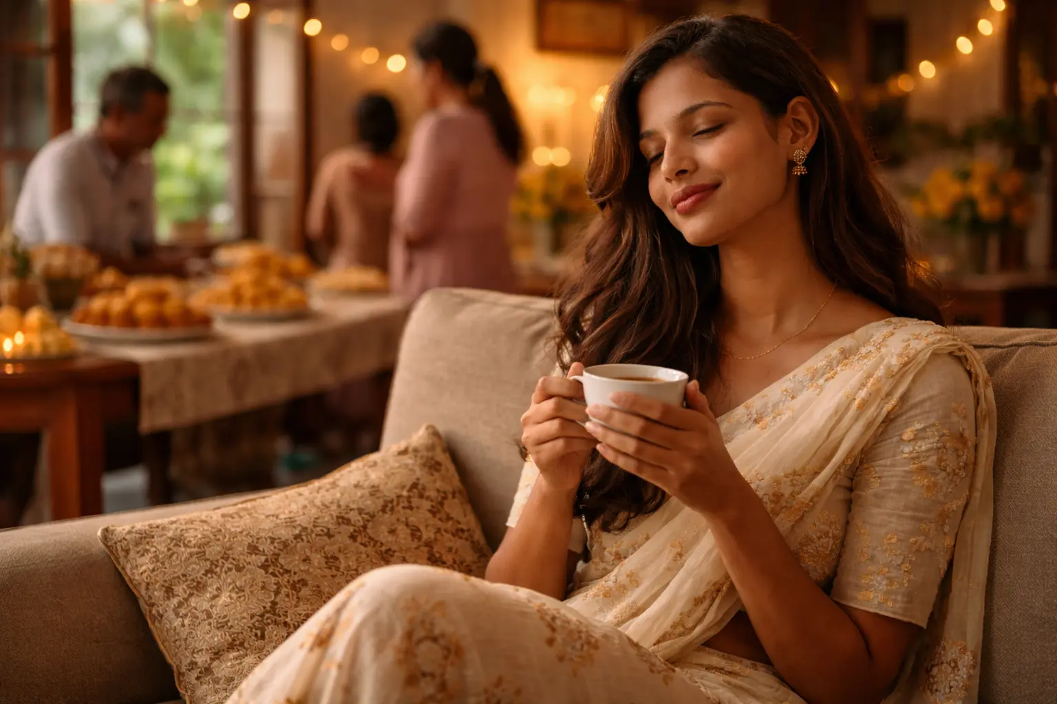 Holiday Guilt | A young Sri Lankan woman sitting peacefully with a cup of tea during Avurudu, enjoying a quiet moment while festive preparations continue in the background.