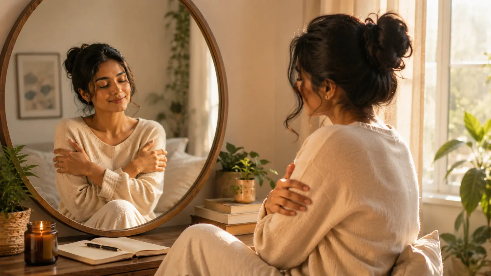 Self-compassion | A young woman in a warm, softly lit room gently hugging herself while looking at her matching reflection in a mirror, expressing self-compassion and emotional peace.