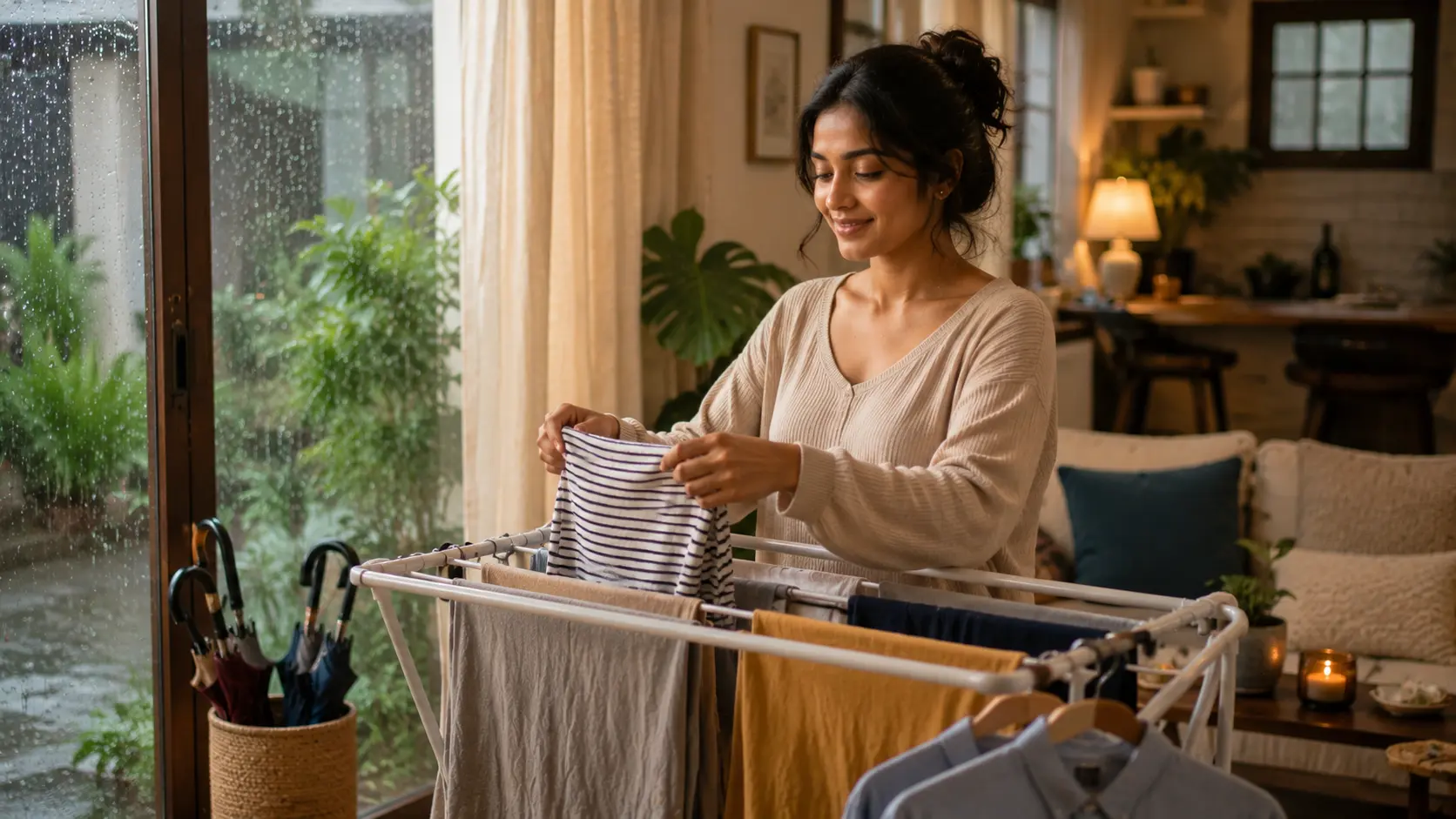 tips | A woman calmly arranging clothes on an indoor drying rack inside a cozy Sri Lankan home while rain falls outside the window.
