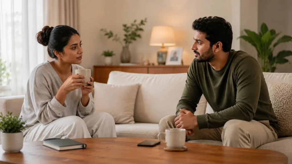Self-Regulation | Sri Lankan couple sitting calmly in a warm living room, having a thoughtful conversation with composed expressions, cups of tea and a phone placed aside on the table, representing self-regulation and emotional control during a disagreement