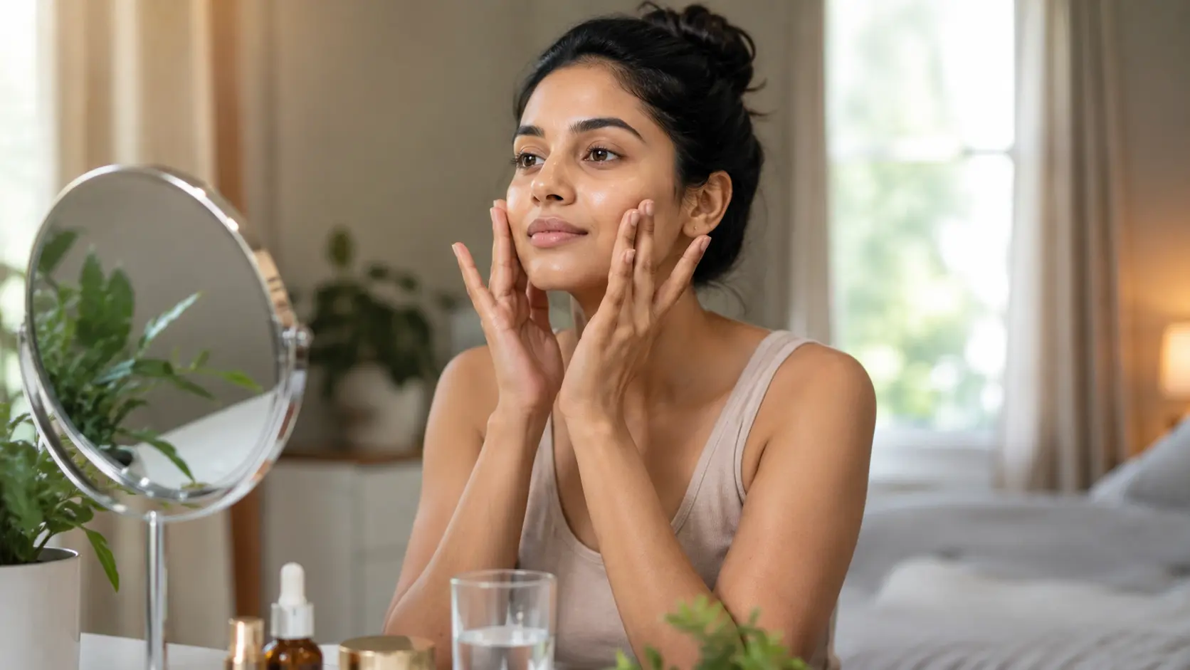 Face Yoga | A young Sri Lankan woman gently performing face yoga in front of a mirror at home, with glowing natural skin, soft daylight, skincare products, a water glass, and plants creating a calm wellness setting.