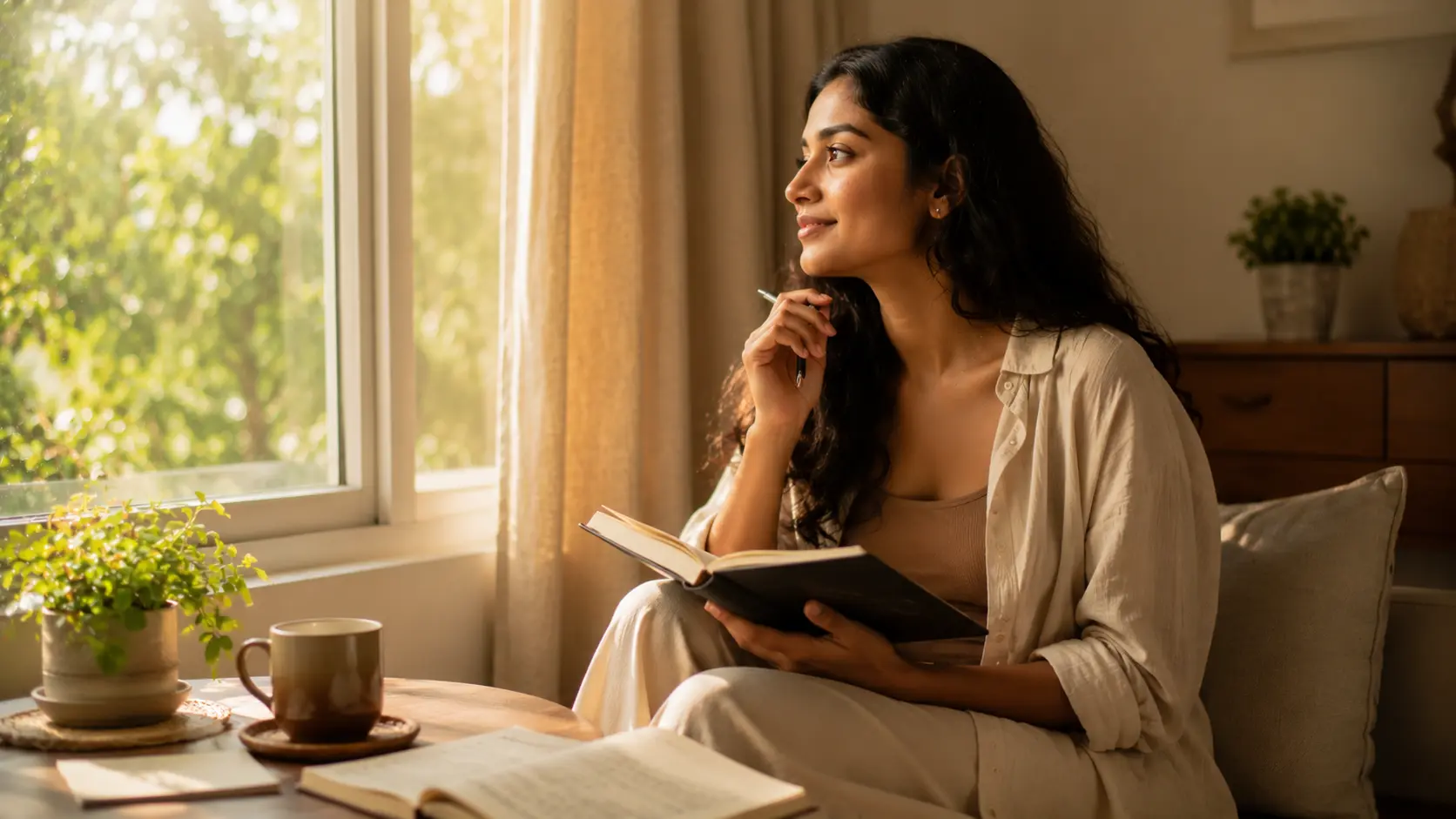 Rumination | A young Sri Lankan woman sitting by a sunlit window with a journal and pen, peacefully reflecting and letting go of past regrets.