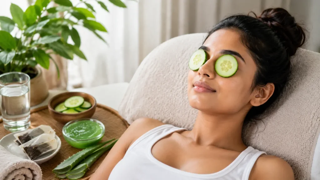 Hydration | A young Sri Lankan woman relaxing with cucumber slices over her eyes in a bright spa-like home setting, surrounded by a glass of water, aloe vera gel, tea bags, and natural skincare items, promoting hydration and relief from dark circles and puffy eyes.