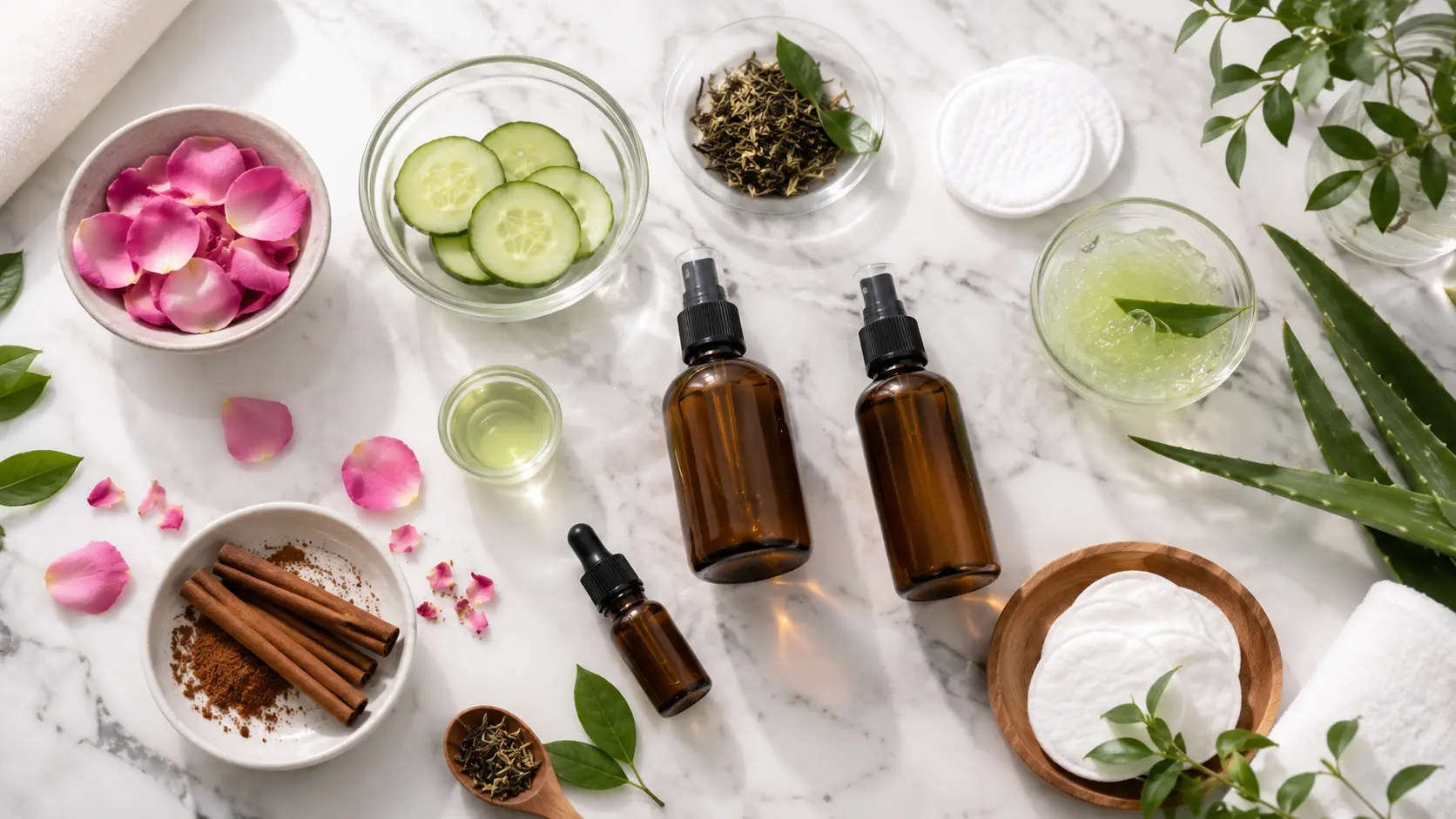 Toner | A skincare flat lay with amber spray bottles, rose petals, cucumber slices, green tea leaves, aloe vera, cinnamon sticks, cotton pads, and white towels arranged on a clean marble tabletop.
