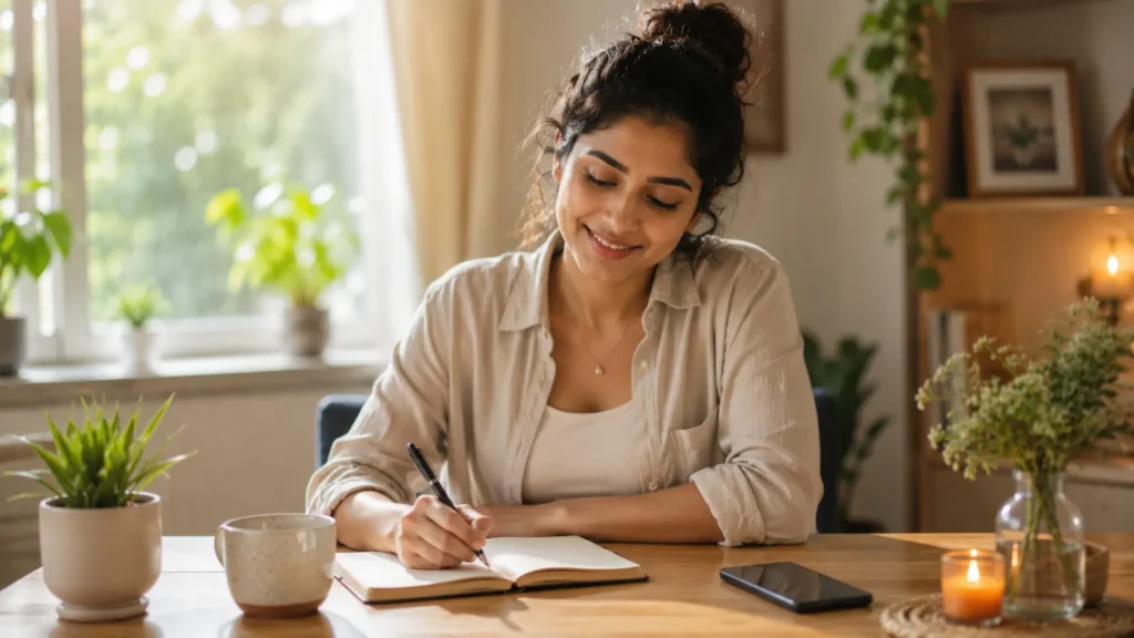 Social Media Comparison | Young Sri Lankan woman sitting at a wooden table in a bright, cozy home, smiling gently while writing in a gratitude journal. A smartphone rests face down beside her, while a cup of tea, indoor plants, and warm natural sunlight create a peaceful atmosphere. The scene represents self-reflection, emotional wellbeing, gratitude practice, and freedom from social media comparison.