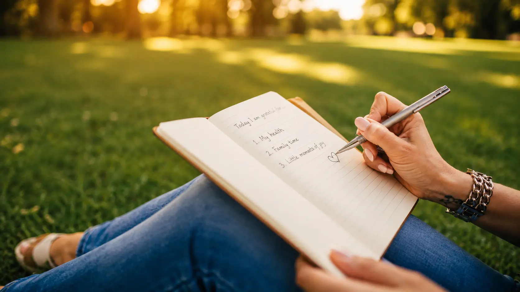 Gratitude Journaling | A person writing a gratitude list in an open journal while sitting outdoors in a peaceful park during warm golden sunlight.