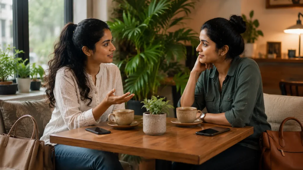 Boundaries | Two Sri Lankan women friends having a thoughtful conversation in a cosy café, sitting comfortably with healthy personal space between them. Their phones are placed face-down on the table while they enjoy coffee and meaningful discussion, symbolising trust, respect, friendship boundaries, and emotional maturity.