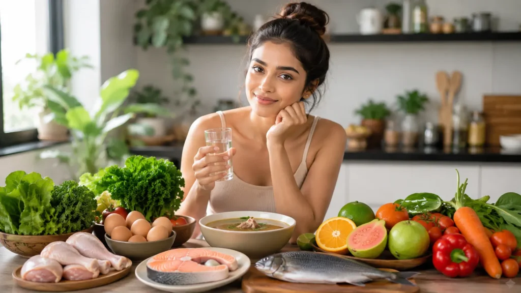 Collagen | A young Sri Lankan woman in a bright modern kitchen holding a glass of water, surrounded by collagen-boosting foods such as leafy greens, eggs, fish, chicken, citrus fruits, guava, carrots, tomatoes, and bone broth.