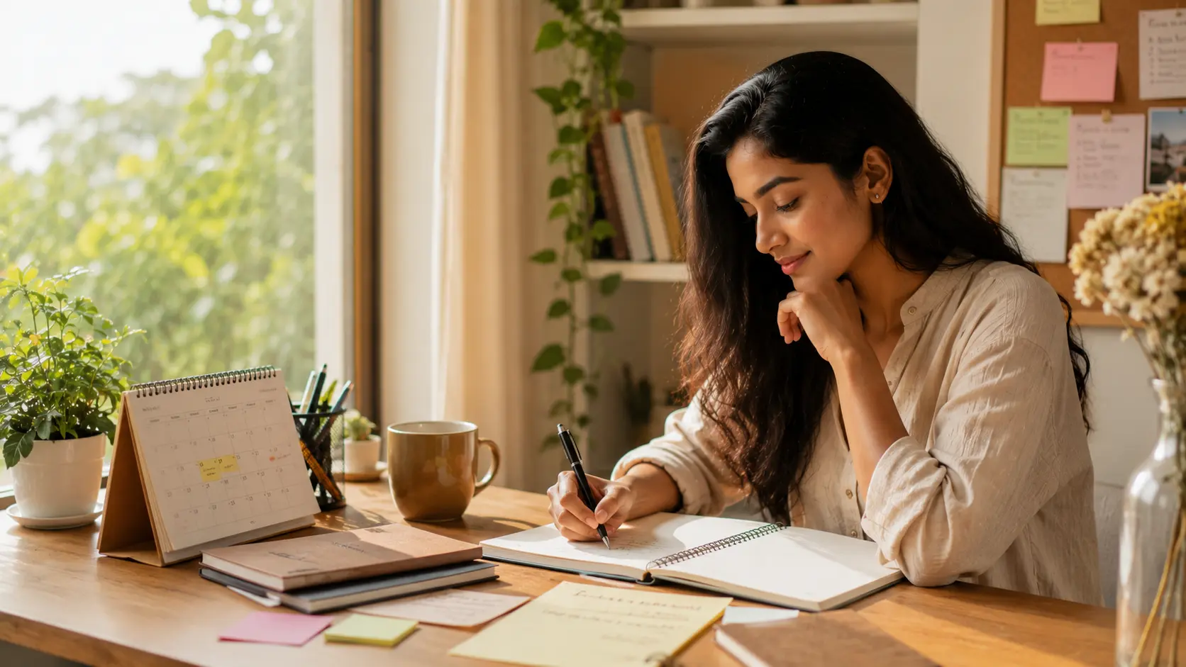 Mid-year stress | A young Sri Lankan woman writing in a planner at a calm, sunlit desk while reviewing her mid-year goals and planning a fresh start.