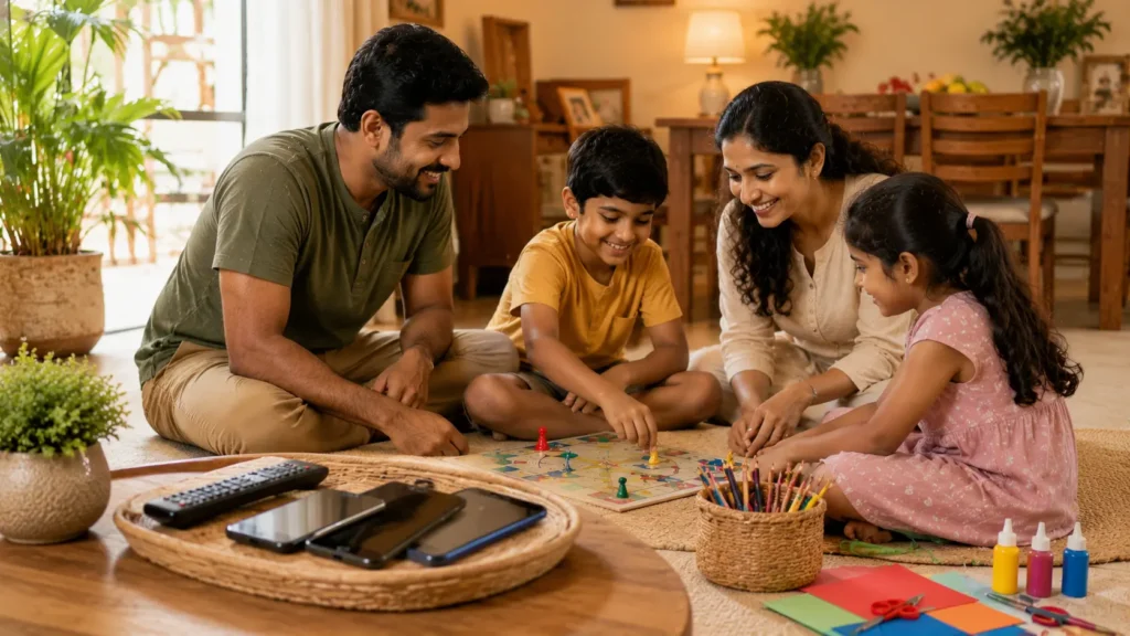 Hobbies | Sri Lankan family enjoying screen-free quality time together at home, playing a board game and doing creative activities while smartphones and a TV remote are placed aside, symbolising family bonding, communication, and healthy digital balance.