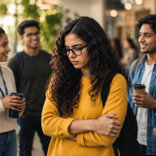 Social anxiety | A young woman stands quietly among a group of smiling colleagues, reflecting social anxiety in a new workplace or social setting.