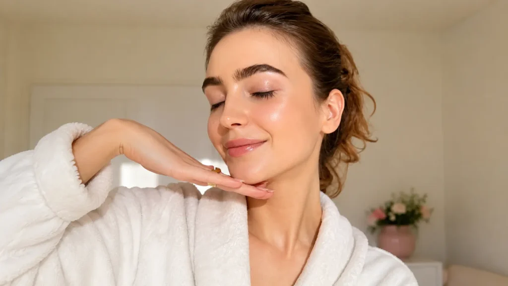 Glow | Young woman in a white robe with naturally glowing skin, posing indoors in soft sunlight as part of a natural skincare routine.