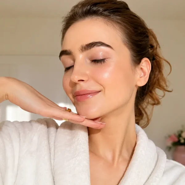 Glow | Young woman in a white robe with naturally glowing skin, posing indoors in soft sunlight as part of a natural skincare routine.