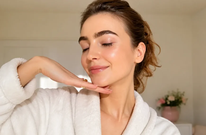 Glow | Young woman in a white robe with naturally glowing skin, posing indoors in soft sunlight as part of a natural skincare routine.