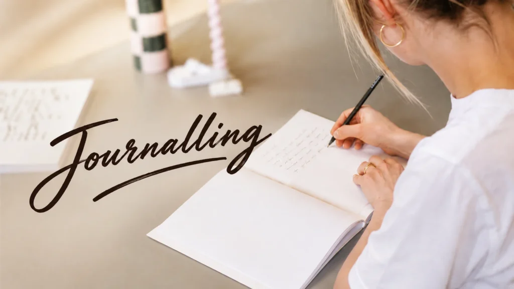 Journaling | Young Sri Lankan woman writing in a journal by a window with a cup of tea, practising journaling to reduce stress, organise her thoughts, and improve mental wellbeing.