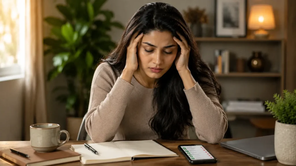 Emotional dumping | A stressed young woman sitting at a home office desk, holding her head with both hands while looking overwhelmed by messages and work.