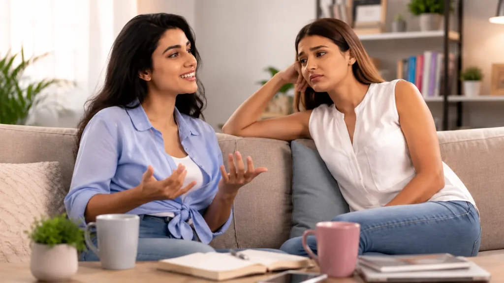 Friendship Comparison | Two Sri Lankan women sitting together on a sofa at home, one excitedly sharing good news while the other listens with a thoughtful, slightly jealous expression, illustrating friendship comparison and emotional growth.
