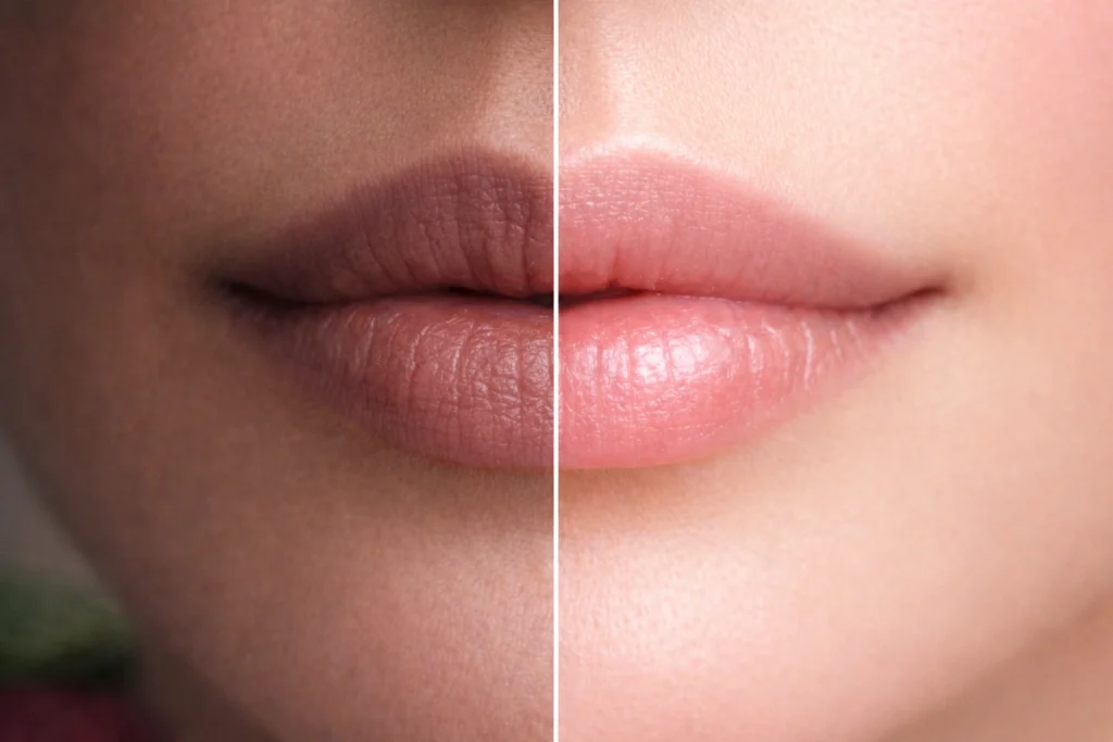 ඔබේ තොල් | Close-up split image of lips showing dark, dry, pigmented lips on one side and soft, hydrated, naturally pink lips on the other, representing natural lip care improvement.
