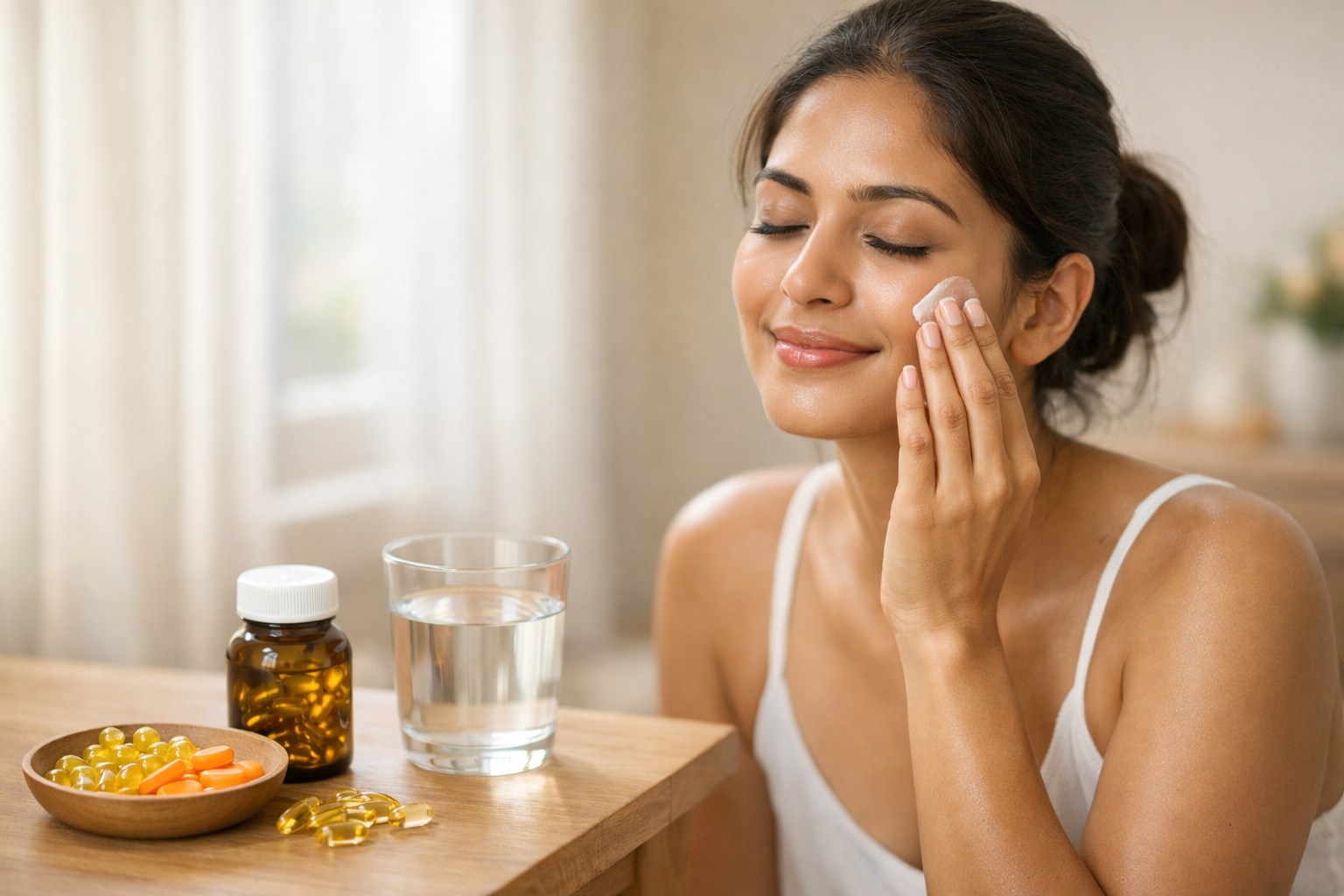 සම | South Asian woman applying moisturiser to her face in soft natural light, with vitamin supplements, fish oil capsules, and a glass of water on a wooden table, symbolising hydration and care for dry skin.