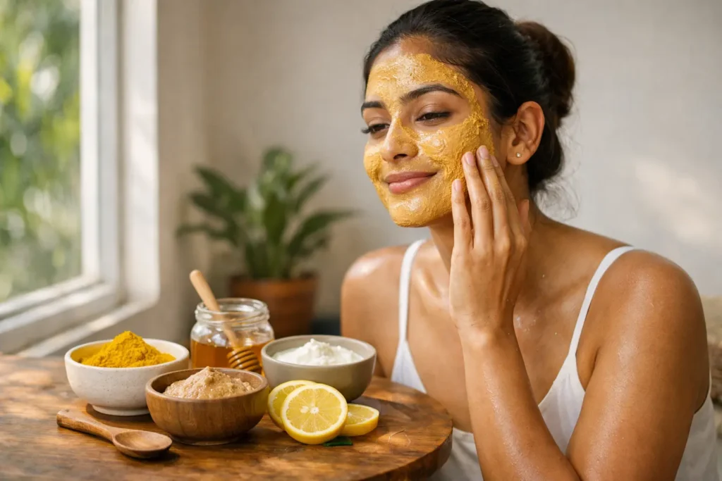 Natural | Young Sri Lankan woman applying a turmeric and sandalwood face mask at home, seated by a sunlit window with natural skincare ingredients like turmeric, honey, yoghurt and lemon arranged on a wooden table, glowing healthy skin concept.