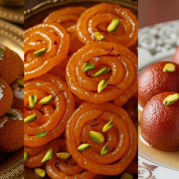ඉන්දියානු රසකැවිලි | A close-up image showing three traditional Indian sweets — ladoo topped with silver leaf and pistachios on the left, golden jalebi spirals garnished with pistachios in the center, and warm gulab jamun balls soaked in syrup and decorated with pistachio slices on the right, arranged side by side on elegant plates.