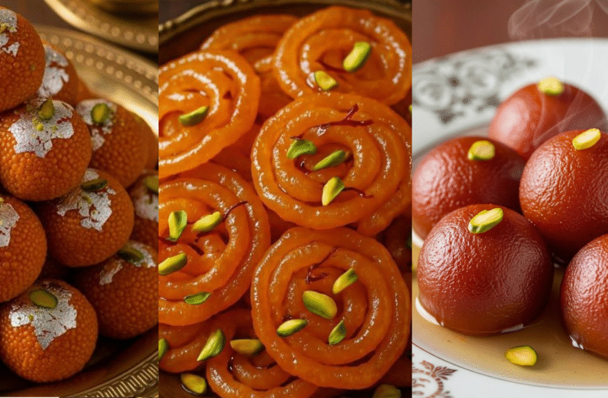 ඉන්දියානු රසකැවිලි | A close-up image showing three traditional Indian sweets — ladoo topped with silver leaf and pistachios on the left, golden jalebi spirals garnished with pistachios in the center, and warm gulab jamun balls soaked in syrup and decorated with pistachio slices on the right, arranged side by side on elegant plates.