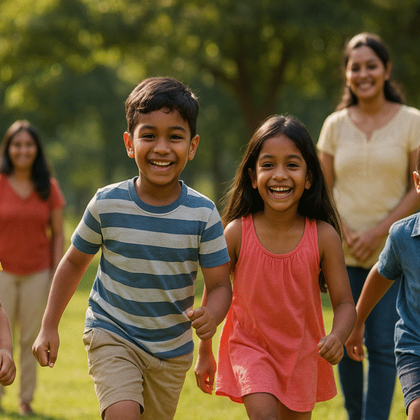 දරුවන් ගැන "Four Sri Lankan children smiling and running together in a sunny green park, with two mothers in the background watching lovingly, creating a safe and joyful atmosphere."