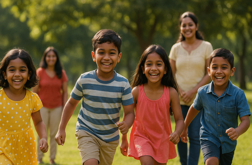 දරුවන් ගැන "Four Sri Lankan children smiling and running together in a sunny green park, with two mothers in the background watching lovingly, creating a safe and joyful atmosphere."