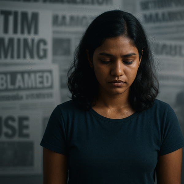 මාධ්ය | A young Sri Lankan woman stands alone with her head bowed, surrounded by blurred newspaper headlines reading “Victim Shaming” and “Abuse.” The scene uses muted grey-blue tones and soft lighting to symbolize media intrusion, shame, and emotional isolation.