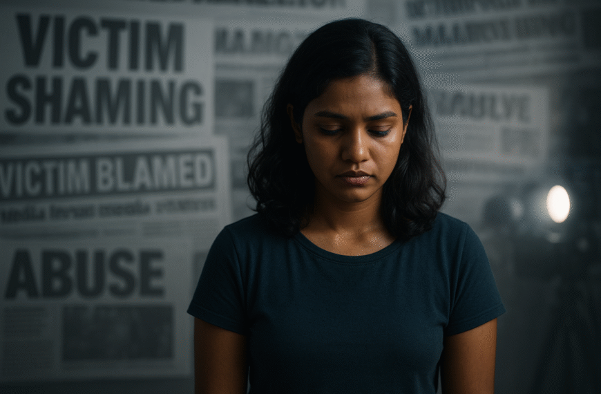 මාධ්ය | A young Sri Lankan woman stands alone with her head bowed, surrounded by blurred newspaper headlines reading “Victim Shaming” and “Abuse.” The scene uses muted grey-blue tones and soft lighting to symbolize media intrusion, shame, and emotional isolation.