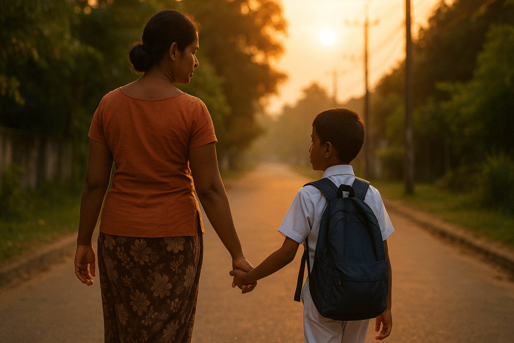 ඔබේ දරුවා | Sri Lankan mother walking hand in hand with her child after school, symbolising safety and parental protection.