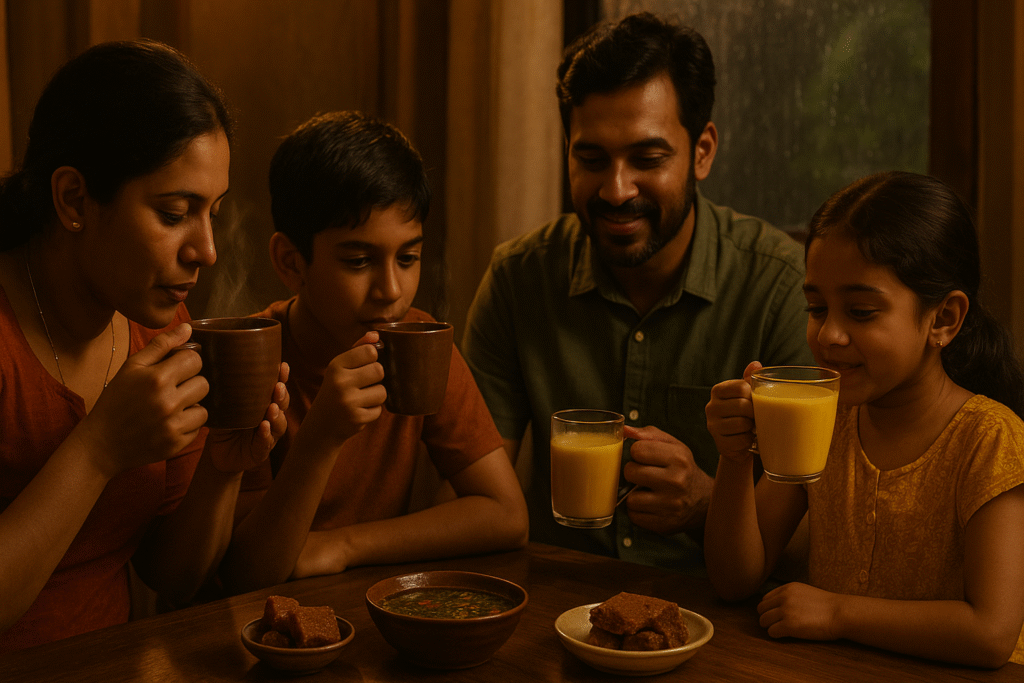 ආහාර | A Sri Lankan family of four sits around a wooden table indoors on a rainy day, enjoying steaming cups of ginger tea and turmeric milk. Warm, cinematic lighting highlights the cozy atmosphere, with bowls of rasam and jaggery placed in front of them, capturing a sense of comfort and togetherness.