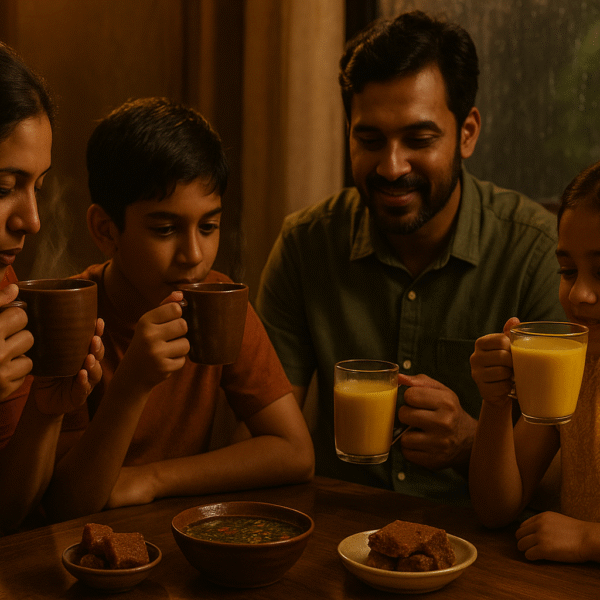 ආහාර | A Sri Lankan family of four sits around a wooden table indoors on a rainy day, enjoying steaming cups of ginger tea and turmeric milk. Warm, cinematic lighting highlights the cozy atmosphere, with bowls of rasam and jaggery placed in front of them, capturing a sense of comfort and togetherness.