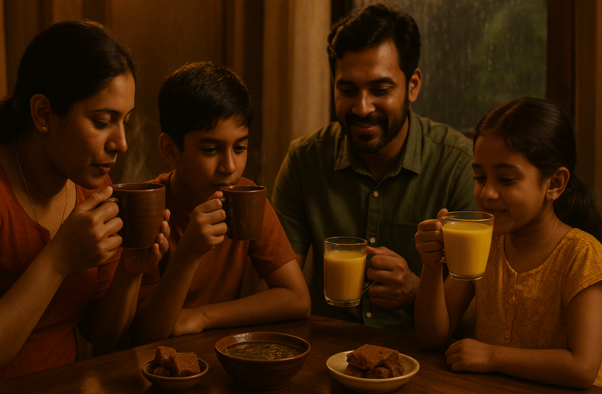 ආහාර | A Sri Lankan family of four sits around a wooden table indoors on a rainy day, enjoying steaming cups of ginger tea and turmeric milk. Warm, cinematic lighting highlights the cozy atmosphere, with bowls of rasam and jaggery placed in front of them, capturing a sense of comfort and togetherness.