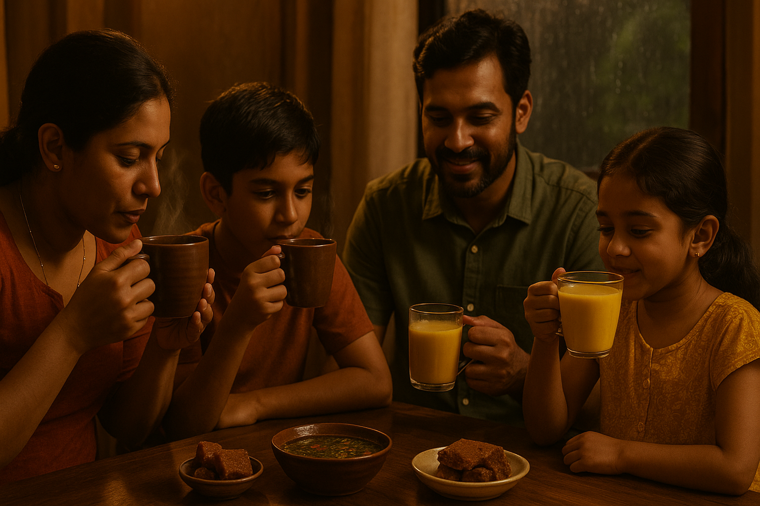 ආහාර | A Sri Lankan family of four sits around a wooden table indoors on a rainy day, enjoying steaming cups of ginger tea and turmeric milk. Warm, cinematic lighting highlights the cozy atmosphere, with bowls of rasam and jaggery placed in front of them, capturing a sense of comfort and togetherness.