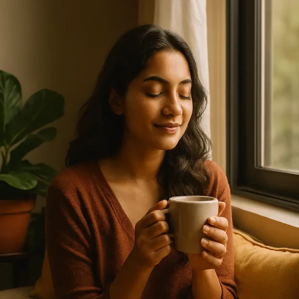 මානසික සෞඛ්ය | A young South Asian woman sits peacefully by a sunlit window, gently smiling with her eyes closed as she holds a beige mug in both hands. She wears a rust-colored sweater and is surrounded by lush green houseplants and cozy cushions, bathed in warm morning light. The scene evokes calm, mindfulness, and emotional well-being.