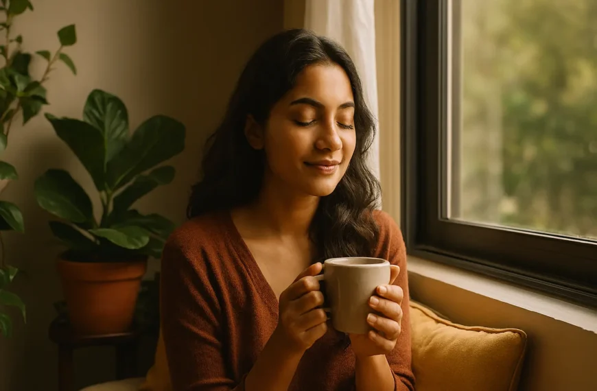 මානසික සෞඛ්ය | A young South Asian woman sits peacefully by a sunlit window, gently smiling with her eyes closed as she holds a beige mug in both hands. She wears a rust-colored sweater and is surrounded by lush green houseplants and cozy cushions, bathed in warm morning light. The scene evokes calm, mindfulness, and emotional well-being.