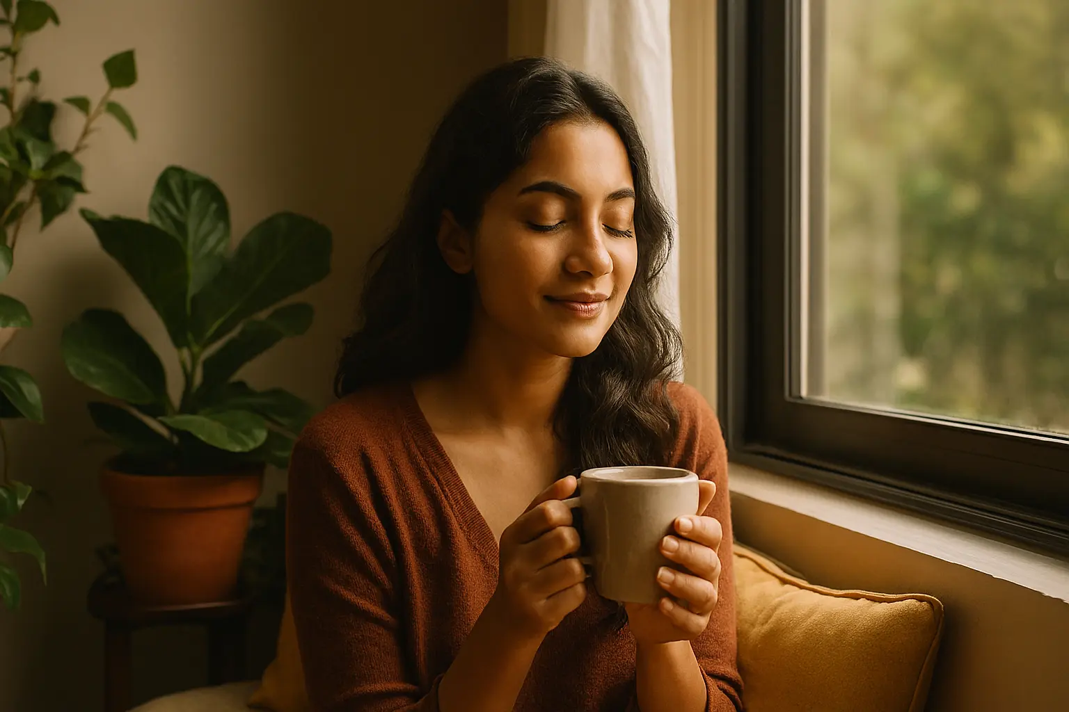 මානසික සෞඛ්ය | A young South Asian woman sits peacefully by a sunlit window, gently smiling with her eyes closed as she holds a beige mug in both hands. She wears a rust-colored sweater and is surrounded by lush green houseplants and cozy cushions, bathed in warm morning light. The scene evokes calm, mindfulness, and emotional well-being.