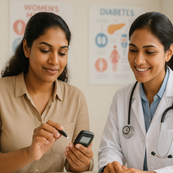 දියවැඩියාව | A Sri Lankan woman wearing smart-casual attire is calmly checking her blood sugar with a glucometer while sitting beside a friendly female doctor in a bright clinic. Both are smiling softly, surrounded by women’s health and diabetes posters in the background, symbolising care, awareness, and empowerment.