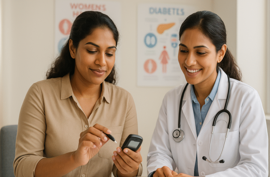 දියවැඩියාව | A Sri Lankan woman wearing smart-casual attire is calmly checking her blood sugar with a glucometer while sitting beside a friendly female doctor in a bright clinic. Both are smiling softly, surrounded by women’s health and diabetes posters in the background, symbolising care, awareness, and empowerment.