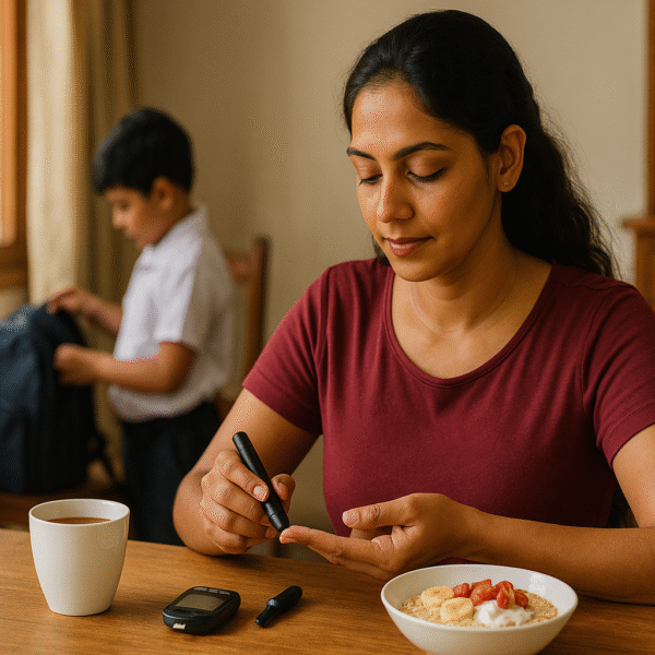 දියවැඩියාව | A Sri Lankan mother in her early 30s sits at a wooden dining table in a naturally lit home, calmly checking her blood glucose level with a glucometer. A single cup of tea and a bowl of oats with fruit are placed beside her. In the background, her young child prepares a school bag, adding a warm, supportive family atmosphere to the scene.