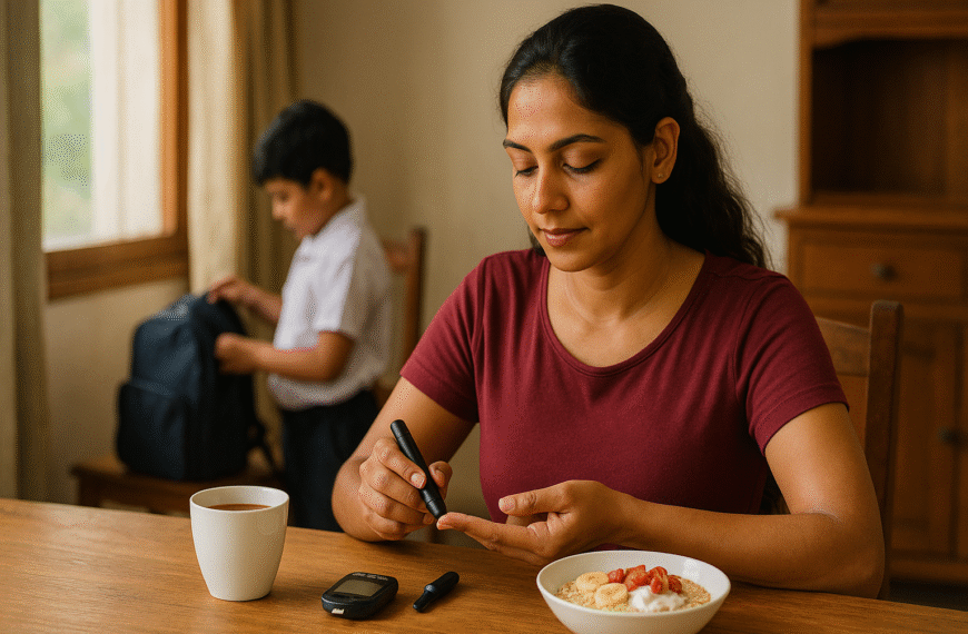 දියවැඩියාව | A Sri Lankan mother in her early 30s sits at a wooden dining table in a naturally lit home, calmly checking her blood glucose level with a glucometer. A single cup of tea and a bowl of oats with fruit are placed beside her. In the background, her young child prepares a school bag, adding a warm, supportive family atmosphere to the scene.