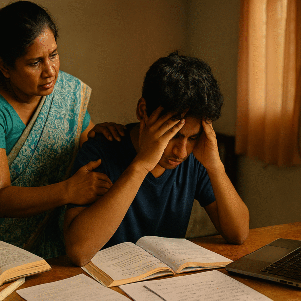 දරුවන් | A Sri Lankan mother in a teal saree gently comforts her teenage son, who looks stressed and holds his head in his hands while studying at a desk with open books, papers, and a laptop in a softly lit home environment.