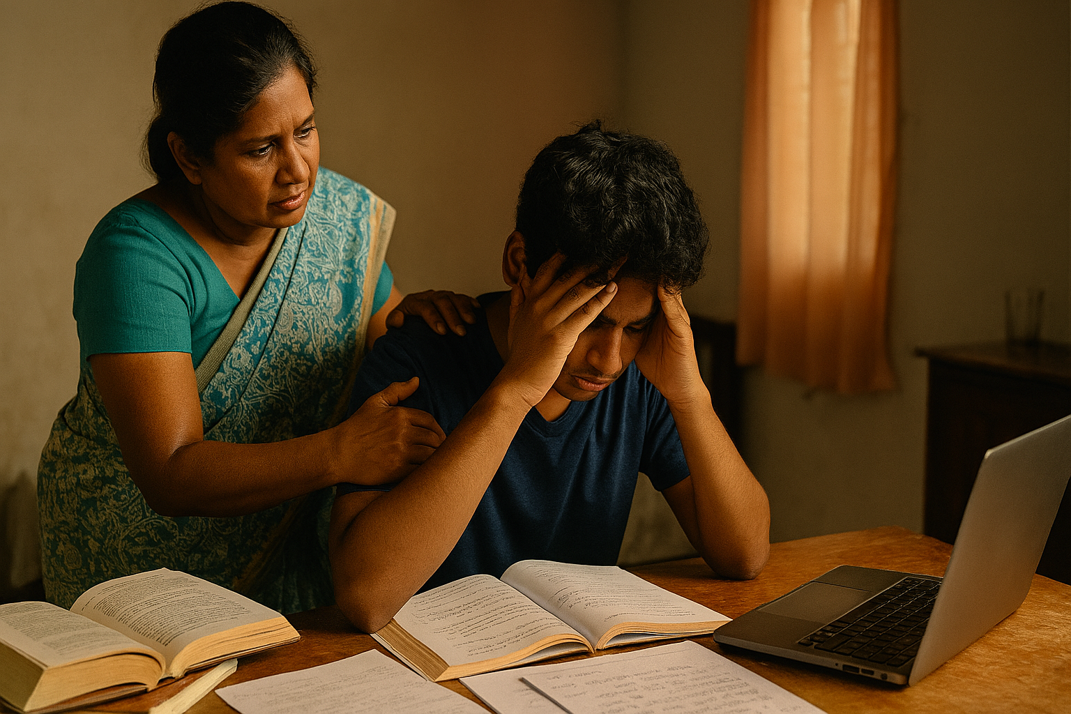 දරුවන් | A Sri Lankan mother in a teal saree gently comforts her teenage son, who looks stressed and holds his head in his hands while studying at a desk with open books, papers, and a laptop in a softly lit home environment.