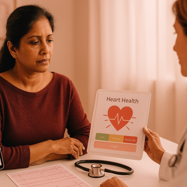Menopause | A Sri Lankan woman in her early 40s sits in a softly lit clinic, looking thoughtful as a doctor shows her a digital chart labelled “Heart Health” indicating a high risk level. A tablet beside her displays a menopause graphic, and a stethoscope and ECG report lie on the table, creating a calm, informative women’s health setting.