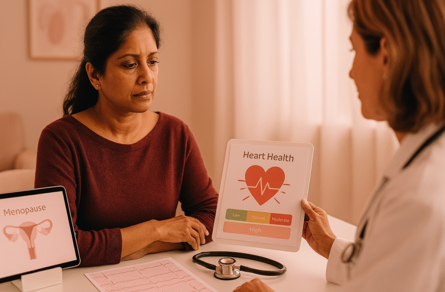 Menopause | A Sri Lankan woman in her early 40s sits in a softly lit clinic, looking thoughtful as a doctor shows her a digital chart labelled “Heart Health” indicating a high risk level. A tablet beside her displays a menopause graphic, and a stethoscope and ECG report lie on the table, creating a calm, informative women’s health setting.