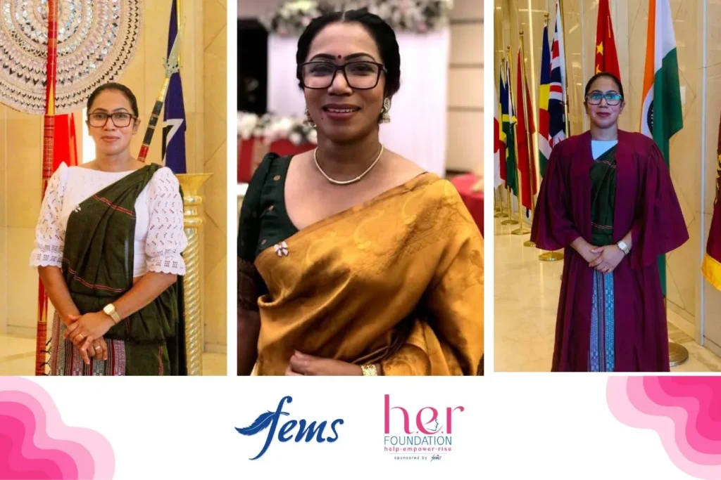 ඔසප් | Dr. Nayana Suraweera pictured in three portraits wearing traditional Sri Lankan attire, representing professionalism and cultural pride. The image features the Fems and HER Foundation logos, highlighting her collaboration in promoting menstrual health awareness and women’s empowerment in Sri Lanka.