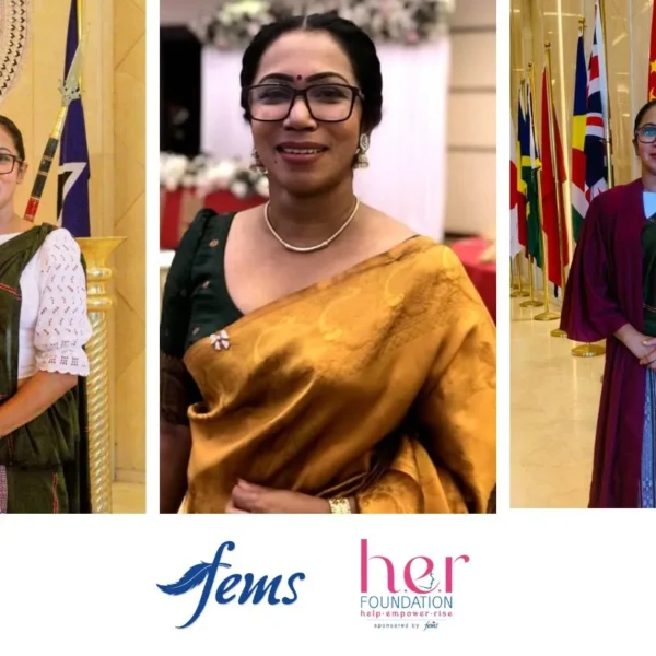 ඔසප් | Dr. Nayana Suraweera pictured in three portraits wearing traditional Sri Lankan attire, representing professionalism and cultural pride. The image features the Fems and HER Foundation logos, highlighting her collaboration in promoting menstrual health awareness and women’s empowerment in Sri Lanka.