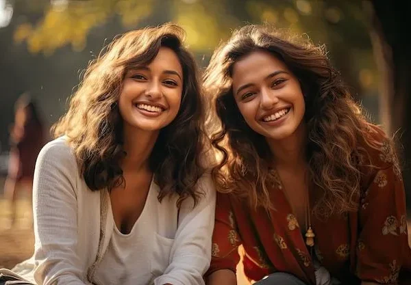 මිතුරිය | Two young South Asian women sitting close together outdoors, smiling brightly at the camera, with soft golden sunlight and blurred trees in the background.