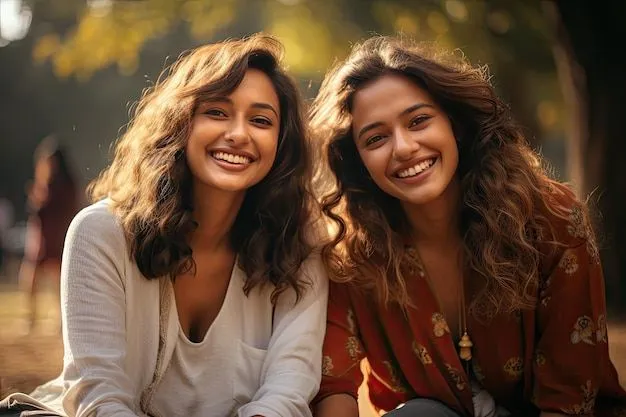 මිතුරිය | Two young South Asian women sitting close together outdoors, smiling brightly at the camera, with soft golden sunlight and blurred trees in the background.